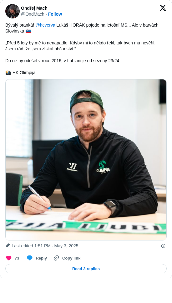 Ondřej Mach: Bývalý brankář @hcverva Lukáš HORÁK pojede na letošní MS... Ale v barvách Slovinska 🇸🇮

„Před 5 lety by mě to nenapadlo. Kdyby mi to někdo řekl, tak bych mu nevěřil. Jsem rád, že jsem získal občanství.“

Do ciziny odešel v roce 2016, v Lublani je od sezony 23/24.

📸 HK Olimpija https://t.co/ScBDHhRrOo