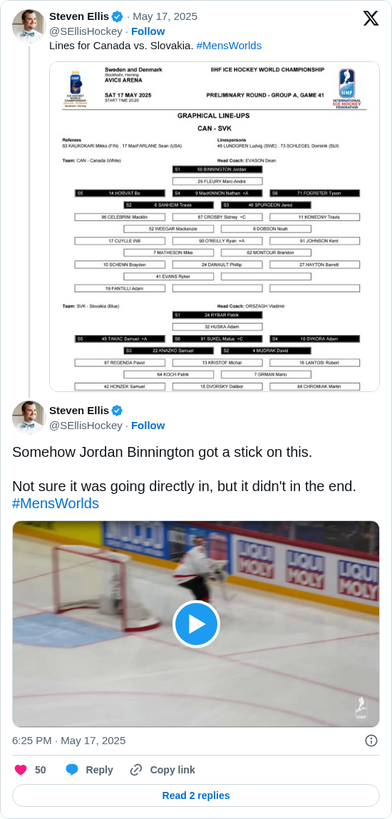 Steven Ellis: Somehow Jordan Binnington got a stick on this.

Not sure it was going directly in, but it didn't in the end. #MensWorlds https://t.co/rrmKHOVEpe