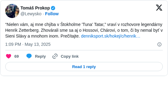 Tomáš Prokop: “Nielen vám, aj mne chýba v Štokholme 'Tuna' Tatar,” vraví v rozhovore legendárny Henrik Zetterberg. Zhovárali sme sa aj o Hossovi, Chárovi, o tom, či by nemal byť v Sieni Slávy a mnohom inom. Prečítajte. https://t.co/Hma5vCDL7o