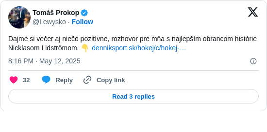 Tomáš Prokop: Dajme si večer aj niečo pozitívne, rozhovor pre mňa s najlepším obrancom histórie Nicklasom Lidströmom. 👇 https://t.co/lmlVoiJ5pv
