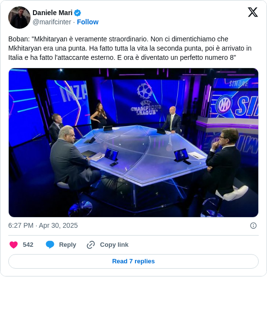 Daniele Mari: Boban: "Mkhitaryan è veramente straordinario. Non ci dimentichiamo che Mkhitaryan era una punta. Ha fatto tutta la vita la seconda punta, poi è arrivato in Italia e ha fatto l'attaccante esterno. E ora è diventato un perfetto numero 8" https://t.co/SLBUkdKKNM