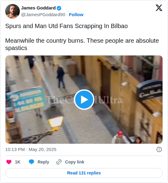 James Goddard: Spurs and Man Utd Fans Scrapping In Bilbao 

Meanwhile the country burns. These people are absolute spastics 

 https://t.co/yYwzq5KKD0