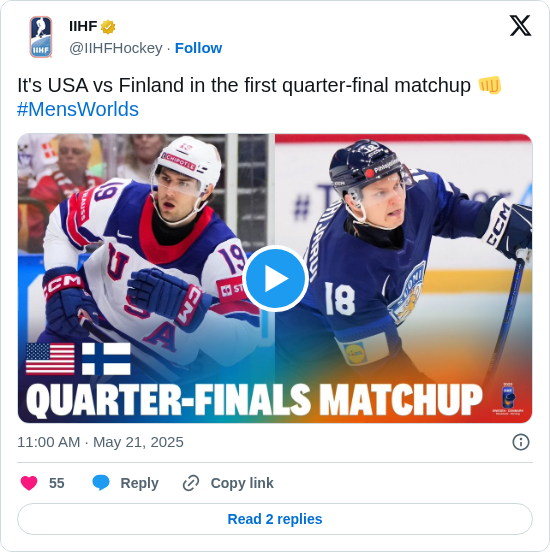 IIHF: It's USA vs Finland in the first quarter-final matchup 👊 #MensWorlds https://t.co/jMjqhDwcuV