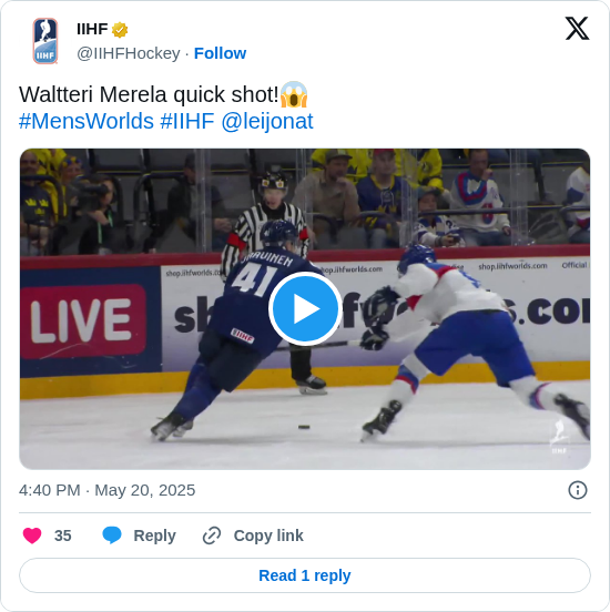 IIHF: Waltteri Merela quick shot!😱
#MensWorlds #IIHF @leijonat https://t.co/2uDZTbJDKs