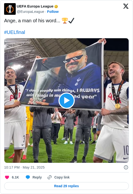 UEFA Europa League: Ange, a man of his word... 🏆✔️

#UELfinal https://t.co/DnhMXeOTZi