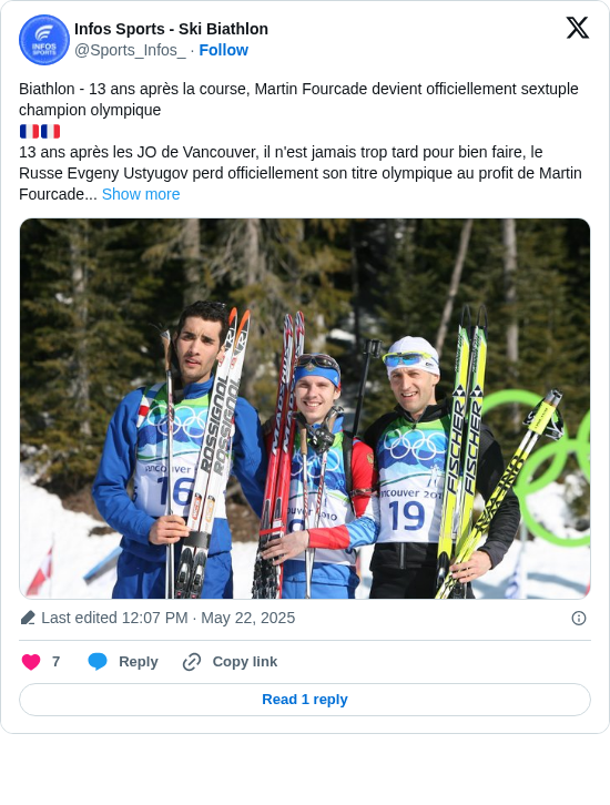 Infos Sports - Ski Biathlon: Biathlon - 13 ans après la course, Martin Fourcade devient officiellement sextuple champion olympique
🇫🇷🇫🇷
13 ans après les JO de Vancouver, il n'est jamais trop tard pour bien faire, le Russe Evgeny Ustyugov perd officiellement son titre olympique au profit de Martin Fourcade... https://t.co/xuuksK0lHQ