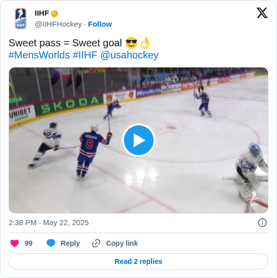 IIHF: Sweet pass = Sweet goal 😎👌
#MensWorlds #IIHF @usahockey https://t.co/IdFSqWudc7