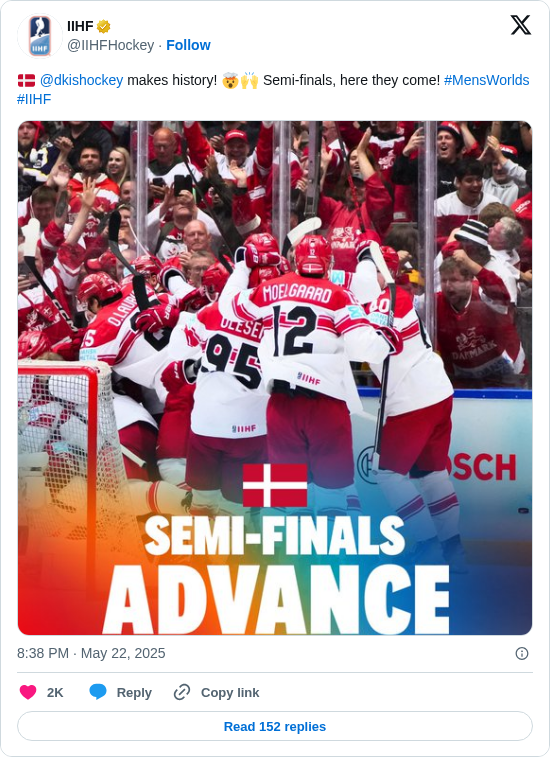 IIHF: 🇩🇰 @dkishockey makes history! 🤯🙌 Semi-finals, here they come! #MensWorlds #IIHF https://t.co/bKy7P47MJu