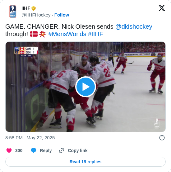 IIHF: GAME. CHANGER. Nick Olesen sends @dkishockey through! 🇩🇰💥 #MensWorlds #IIHF https://t.co/en6PBK4F9I