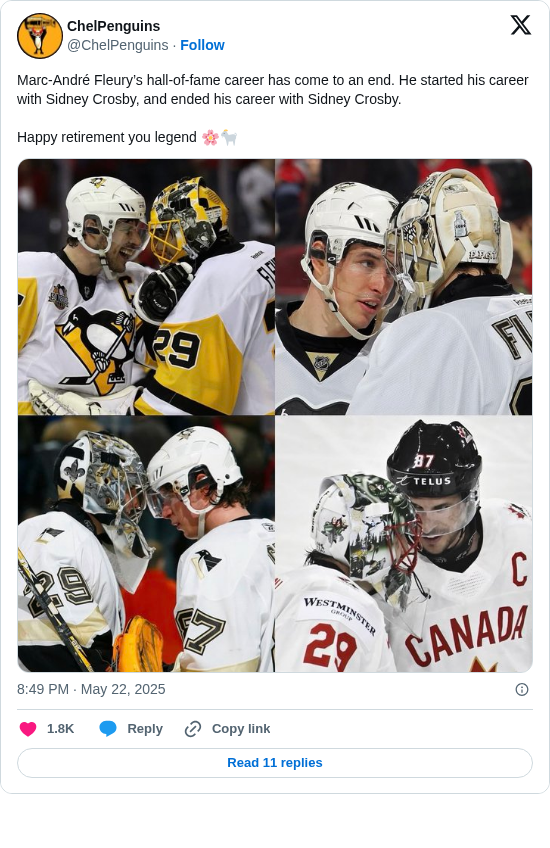 ChelPenguins: Marc-André Fleury’s hall-of-fame career has come to an end. He started his career with Sidney Crosby, and ended his career with Sidney Crosby.

Happy retirement you legend 🌸🐐 https://t.co/ZKdt87NOcR