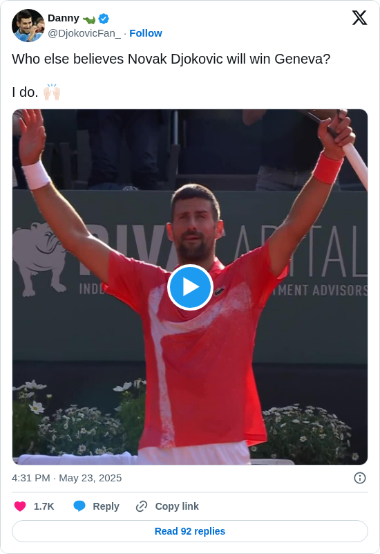 Danny 🐊: Who else believes Novak Djokovic will win Geneva?

I do. 🙌🏻

https://t.co/qqgOH8uONZ