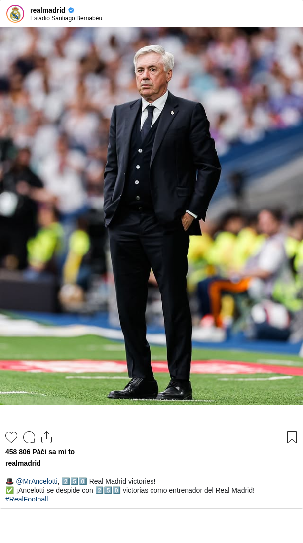

🎩 @MrAncelotti, 2️⃣5️⃣0️⃣ Real Madrid victories!
✅ ¡Ancelotti se despide con 2️⃣5️⃣0️⃣ victorias como entrenador del Real Madrid!
#RealFootball
