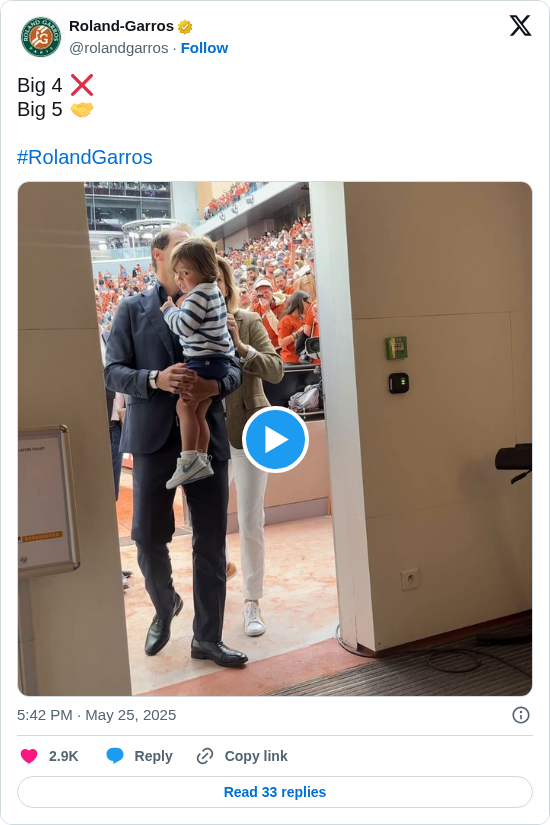 Roland-Garros: Big 4 ❌
Big 5 🤝

#RolandGarros https://t.co/g5ldA2U45b