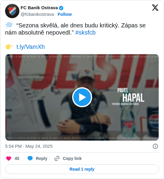 FC Baník Ostrava: 💭  “Sezona skvělá, ale dnes budu kritický. Zápas se nám absolutně nepovedl.” #sksfcb 

👉  https://t.co/9nXeQsZgEq https://t.co/bUancuP3o3