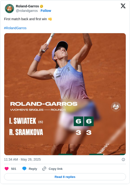 Roland-Garros: First match back and first win 👊

#RolandGarros https://t.co/PAH0ptE9eA