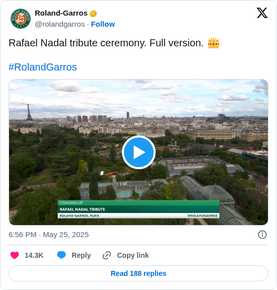 Roland-Garros: Rafael Nadal tribute ceremony. Full version. 👑

#RolandGarros https://t.co/YkFVybrKas