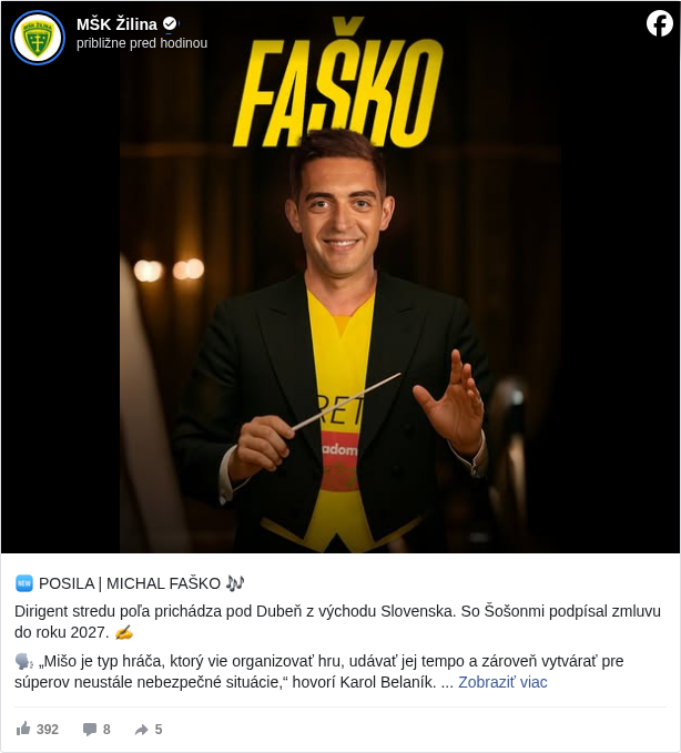 MŠK Žilina: 🆕 POSILA | MICHAL FAŠKO 🎶

 Dirigent stredu poľa prichádza pod Dubeň z východu Slovenska. So Šošonmi podpísal zmluvu do roku 2027. ✍️

 🗣️ „Mišo je typ hráča, ktorý vie organizovať hru, udávať jej tempo a zároveň vytvárať pre súperov neustále nebezpečné situácie,“ hovorí Karol Belaník. 

 Viac info: https://shorturl.at/afqw2 <https://l.facebook.com/l.php?u=https%3A%2F%2Fshorturl.at%2Fafqw2&h=AT0DZ4K4rYXXHEcBPApvpVaYPr4E-WB_TQbapmFNuEGJoFZzyY7UydrzBXX2DQaO7R3oT6NMs_-xZBrPhIKHjT04q1DHQkw6HDr-GjgA8nKutLWatz_3_eY9LlZer7l9a8g>

