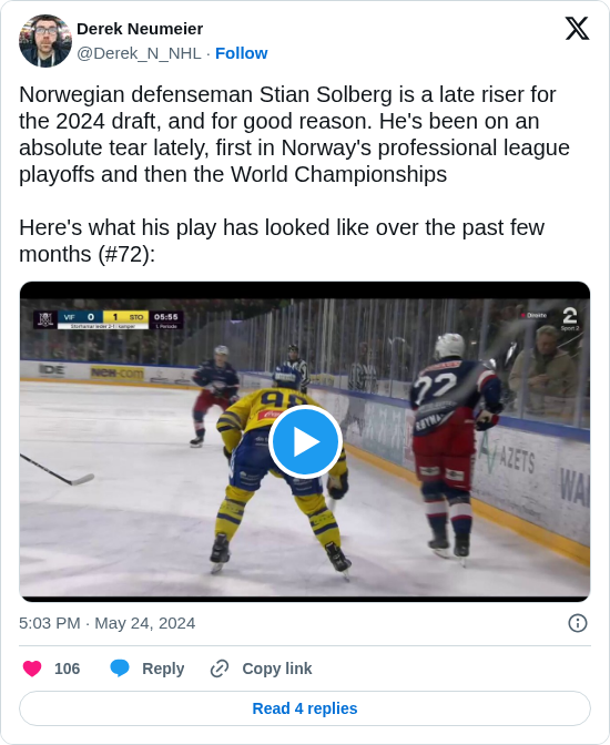 Derek Neumeier: Norwegian defenseman Stian Solberg is a late riser for the 2024 draft, and for good reason. He's been on an absolute tear lately, first in Norway's professional league playoffs and then the World Championships

Here's what his play has looked like over the past few months (#72): https://t.co/H6l5g8D2BW