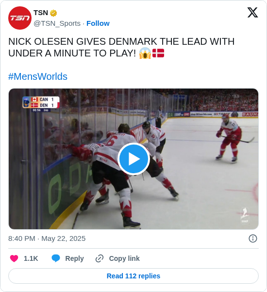 TSN: NICK OLESEN GIVES DENMARK THE LEAD WITH UNDER A MINUTE TO PLAY! 😱🇩🇰

#MensWorlds https://t.co/NThsHSRie9