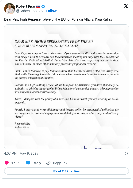 Robert Fico 🇸🇰: Dear Mrs. High Representative of the EU for Foreign Affairs, Kaja Kallas https://t.co/zRnpt66cqR