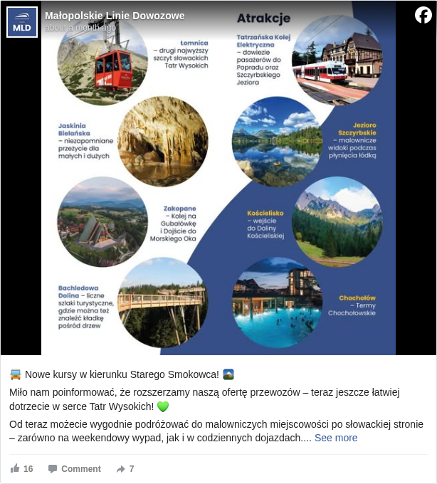 Małopolskie Linie Dowozowe: 🚍 Nowe kursy w kierunku Starego Smokowca! 🏔️

 Miło nam poinformować, że rozszerzamy naszą ofertę przewozów – teraz jeszcze łatwiej dotrzecie w serce Tatr Wysokich! 💚

 Od teraz możecie wygodnie podróżować do malowniczych miejscowości po słowackiej stronie – zarówno na weekendowy wypad, jak i w codziennych dojazdach.

 🗺️ Nowe kursy obsługują m.in. takie miejscowości jak: 
 • Ždiar 
 • Tatranská Javorina
 • Tatranská Kotlina
 • Tatranská Lomnica
 • Stará Lesná
 • Horný Smokovec
 • i oczywiście – Stary Smokowiec!

 📅 Sprawdź rozkład i zaplanuj swoją podróż już dziś – Tatry czekają!
 👉 https://kolejemalopolskie.com.pl/…/rozk…/rozklady-autobusowe <https://l.facebook.com/l.php?u=https%3A%2F%2Fkolejemalopolskie.com.pl%2Fpl%2Frozklad-jazdy%2Frozklady-autobusowe&h=AT1y8lXv73XDZKjIQITryWPFT-gIWwUrAXYYj9Cb9Ce8W9xqmwQIIbWERtHecEQ-0R-ZB0e_gts6YMgbtt59_tJdEhWykKnhTasosaZ6EyiTIS3bbwqZoBtoU3u2R8XjRtA>
 #TatryWysokie </hashtag/tatrywysokie?__eep__=6&fref=mentions&ref=embed_post> #NoweKursy </hashtag/nowekursy?__eep__=6&fref=mentions&ref=embed_post> #PodróżujZSercem </hashtag/podróżujzsercem?__eep__=6&fref=mentions&ref=embed_post> #StarySmokovec </hashtag/starysmokovec?__eep__=6&fref=mentions&ref=embed_post> #KomunikacjaMiędzynarodowa </hashtag/komunikacjamiędzynarodowa?__eep__=6&fref=mentions&ref=embed_post> #SłowacjaBlisko </hashtag/słowacjablisko?__eep__=6&fref=mentions&ref=embed_post>

