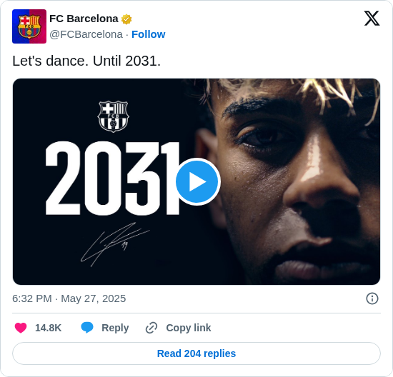 FC Barcelona: Let's dance. Until 2031. https://t.co/Hfwy0TtOol