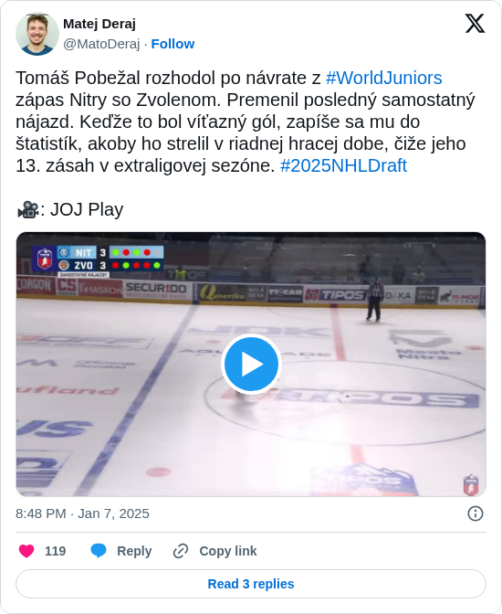 Matej Deraj: Tomáš Pobežal rozhodol po návrate z #WorldJuniors zápas Nitry so Zvolenom. Premenil posledný samostatný nájazd. Keďže to bol víťazný gól, zapíše sa mu do štatistík, akoby ho strelil v riadnej hracej dobe, čiže jeho 13. zásah v extraligovej sezóne. #2025NHLDraft

🎥: JOJ Play https://t.co/pE3Ff12SiI