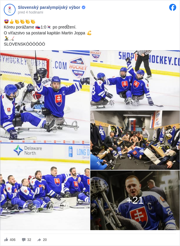 Slovenský paralympijský výbor: 🤩👍👏👏👏👏
 Kóreu porážame 🇸🇰1:0🇰🇷 po predĺžení. 
 O víťazstvo sa postaral kapitán Martin Joppa 💪
 👨‍🦽🏒 
 SLOVENSKÓÓÓÓÓÓ

