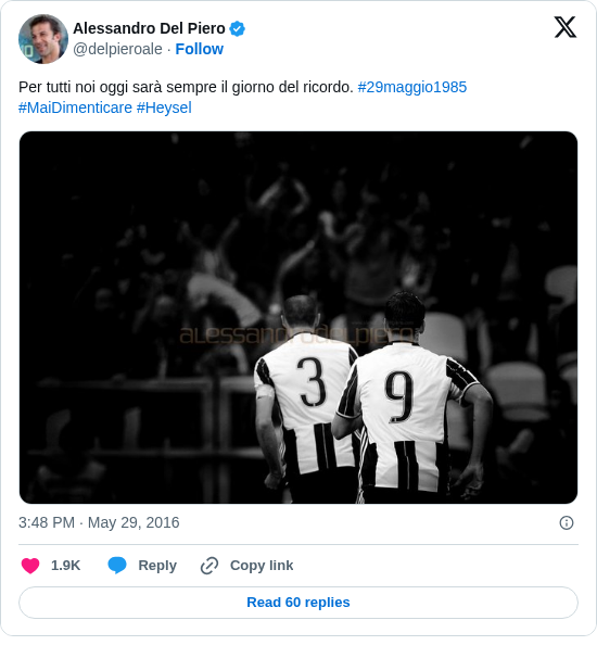 Alessandro Del Piero: Per tutti noi oggi sarà sempre il giorno del ricordo. #29maggio1985 #MaiDimenticare #Heysel https://t.co/FW73dE8aYx