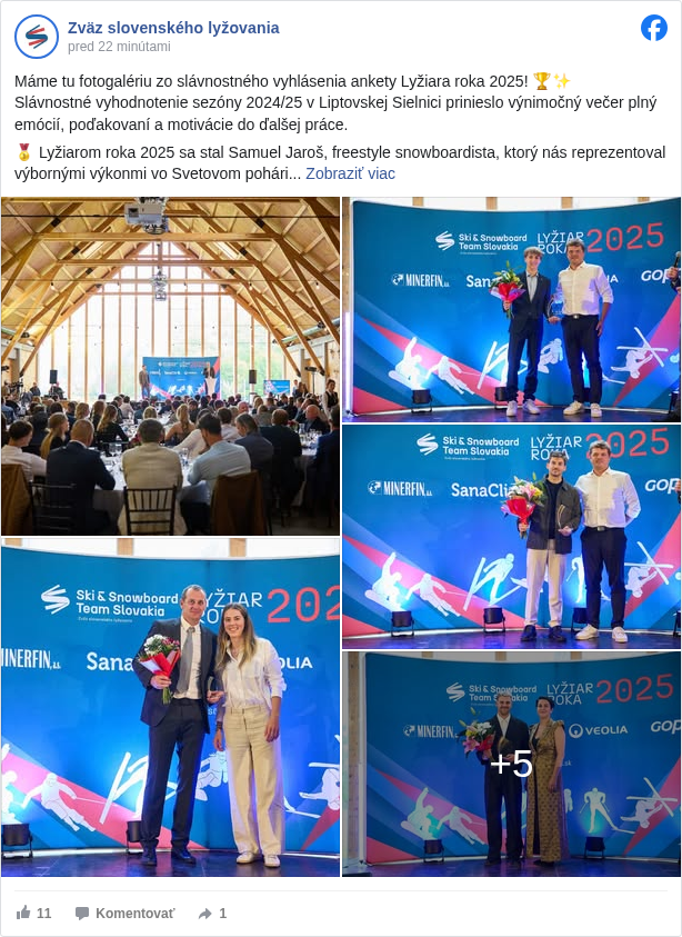 Zväz slovenského lyžovania: Máme tu fotogalériu zo slávnostného vyhlásenia ankety Lyžiara roka 2025! 🏆✨
 Slávnostné vyhodnotenie sezóny 2024/25 v Liptovskej Sielnici prinieslo výnimočný večer plný emócií, poďakovaní a motivácie do ďalšej práce.

 🥇 Lyžiarom roka 2025 sa stal Samuel Jaroš, freestyle snowboardista, ktorý nás reprezentoval výbornými výkonmi vo Svetovom pohári

 🥈 Druhé miesto patrí Andreasovi Žampovi za 18. miesto vo obrovskom slalome vo Svetovom pohári v Alta Badii

 🥉 Tretie miesto získal Hektor Kapustík, ktorý prepísal históriu slovenského skoku na lyžiach výkonom 202 metrov!

 Gratulujeme všetkým oceneným!

 SanaClis Gopass <https://www.facebook.com/gopass.travel?fref=mentions&ref=embed_post> Veolia Slovensko <https://www.facebook.com/veoliaslovensko?fref=mentions&ref=embed_post> Minerfin

