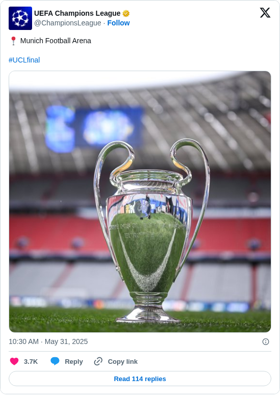 UEFA Champions League: 📍 Munich Football Arena

#UCLfinal https://t.co/sWZnjlyUqH