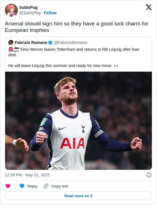 SubIsPog: Arsenal should sign him so they have a good luck charm for European trophies