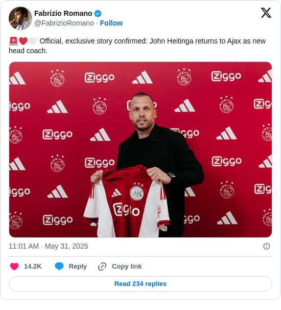 Fabrizio Romano: 🚨❤️🤍 Official, exclusive story confirmed: John Heitinga returns to Ajax as new head coach. https://t.co/qMjLWEWQ9I
