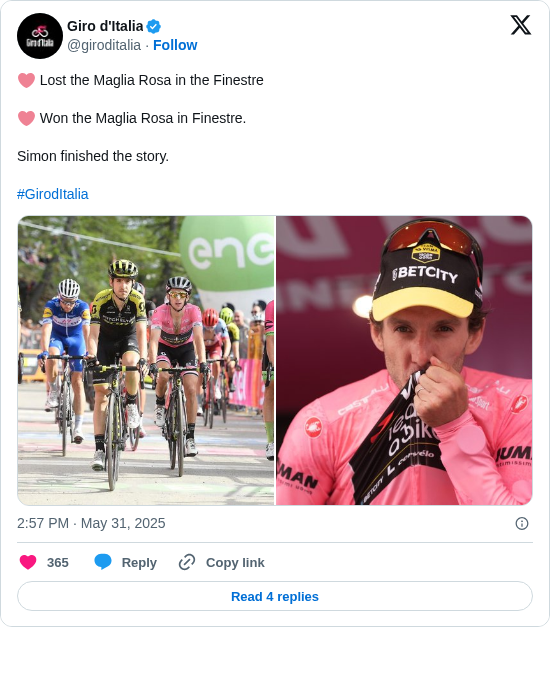 Giro d'Italia: 🩷 Lost the Maglia Rosa in the Finestre

🩷 Won the Maglia Rosa in Finestre. 

Simon finished the story. 

#GirodItalia https://t.co/duAqZFT60P