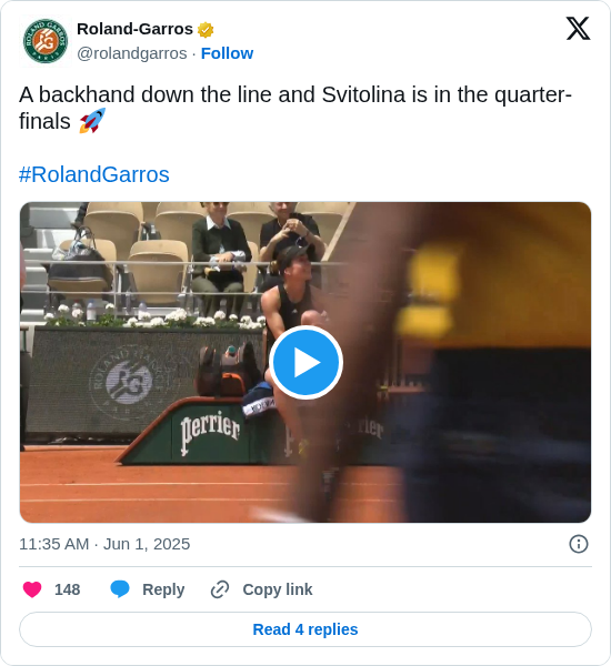 Roland-Garros: A backhand down the line and Svitolina is in the quarter-finals 🚀

#RolandGarros https://t.co/nQSKsG7AXr