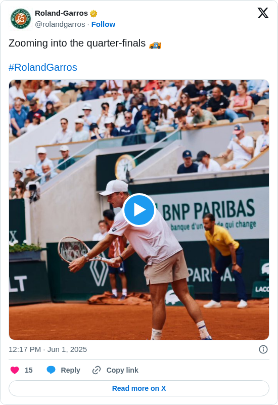 Roland-Garros: Zooming into the quarter-finals 🏎️

#RolandGarros https://t.co/TIiQTMBPdF