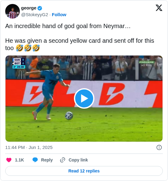 george: An incredible hand of god goal from Neymar…

He was given a second yellow card and sent off for this too 🤣🤣🤣https://t.co/00NPSG3Um7