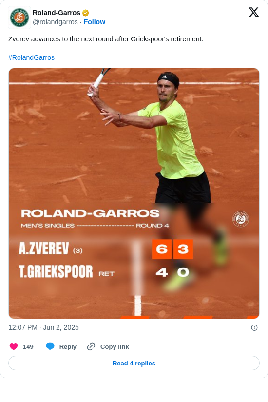 Roland-Garros: Zverev advances to the next round after Griekspoor's retirement. 

#RolandGarros https://t.co/TzLeK66CZ8