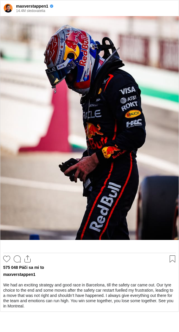 

We had an exciting strategy and good race in Barcelona, till the safety car came out. Our tyre choice to the end and some moves after the safety car restart fuelled my frustration, leading to a move that was not right and shouldn’t have happened. I always give everything out there for the team and emotions can run high. You win some together, you lose some together. See you in Montreal.