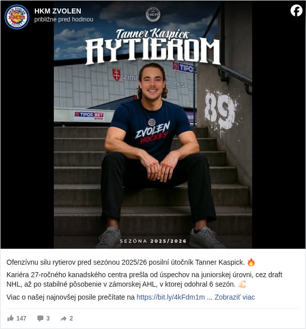 HKM ZVOLEN: Ofenzívnu silu rytierov pred sezónou 2025/26 posilní útočník Tanner Kaspick. 🔥

 Kariéra 27-ročného kanadského centra prešla od úspechov na juniorskej úrovni, cez draft NHL, až po stabilné pôsobenie v zámorskej AHL, v ktorej odohral 6 sezón. 💪🏻

 Viac o našej najnovšej posile prečítate na https://bit.ly/4kFdm1m <https://l.facebook.com/l.php?u=https%3A%2F%2Fbit.ly%2F4kFdm1m&h=AT3XYPVeAv-G_NuP-hCFiRTI6ZD73zi8zRjYaWS9P0XqnGPEYrW9KCNXIO10X1eJCrqNeNlr9sa0WiZNtqg3uR1jQ7uVwV9zKEFDVthWvx0v5BsMnAfsy5PCJmzRQ7xXNsY> 

 #spolusmehkm </hashtag/spolusmehkm?__eep__=6&fref=mentions&ref=embed_post> #sezona2526 </hashtag/sezona2526?__eep__=6&fref=mentions&ref=embed_post>

