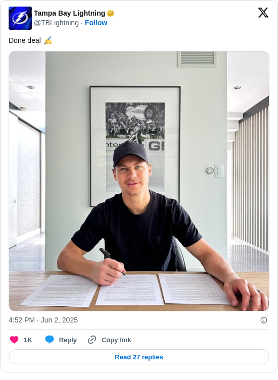 Tampa Bay Lightning: Done deal ✍️ https://t.co/4DOI1HnUDh