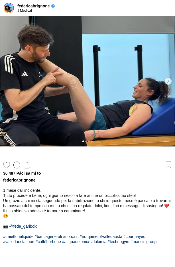

1 mese dall'incidente.
Tutto procede e bene, ogni giorno riesco a fare anche un piccolissimo step!
Un grazie a chi mi sta seguendo per la riabilitazione, a chi in questo mese è passato a trovarmi, ha passato del tempo con me, a chi mi ha regalato dolci, fiori, libri o messaggi di sostegno! ❤️
Il mio obiettivo adesso è tornare a camminare!
😊

📷 @fede_gariboldi

#traiettorieliquide #bancagenerali #norqain #norqainer #valledaosta #courmayeur #valledaostasport #caffèborbone #acquadolomia #dolomia #technogym #mancinigroup