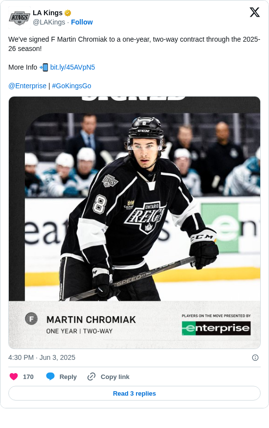 LA Kings: We've signed F Martin Chromiak to a one-year, two-way contract through the 2025-26 season!

More Info 📲 https://t.co/MnN4zRPaLe

@Enterprise | #GoKingsGo https://t.co/J1as5UrWBs