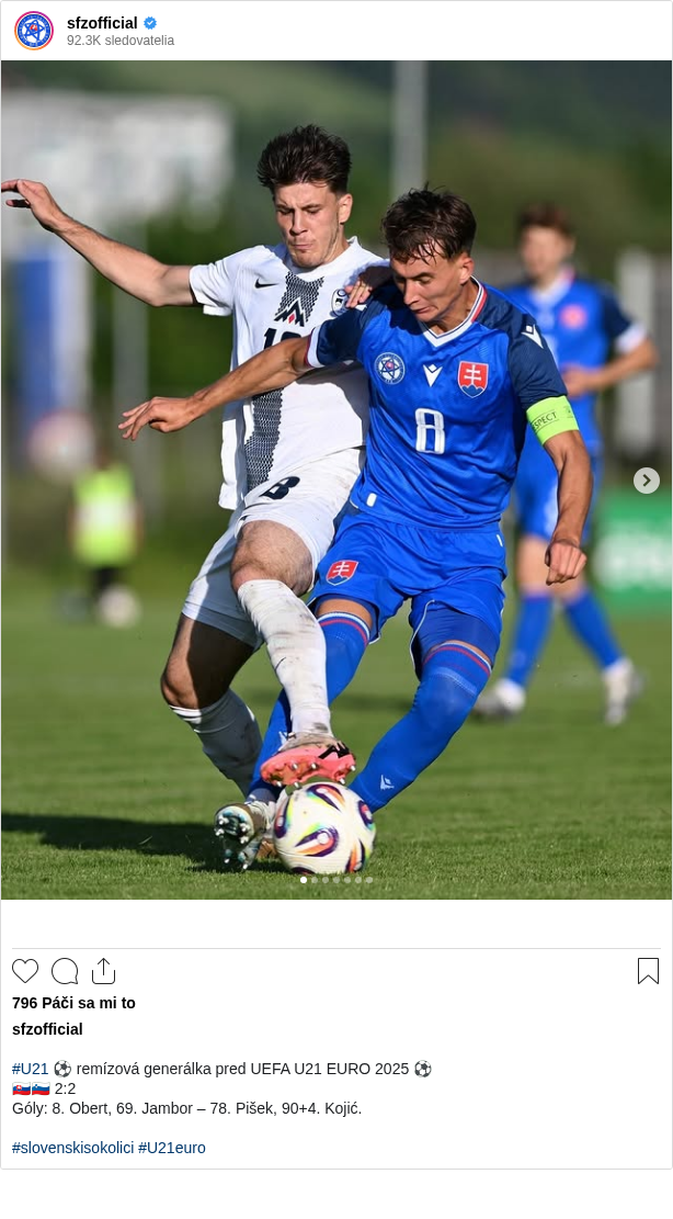 

#U21 ⚽ remízová generálka pred UEFA U21 EURO 2025 ⚽
🇸🇰🇸🇮 2:2
Góly: 8. Obert, 69. Jambor – 78. Pišek, 90+4. Kojić.

#slovenskisokolici #U21euro