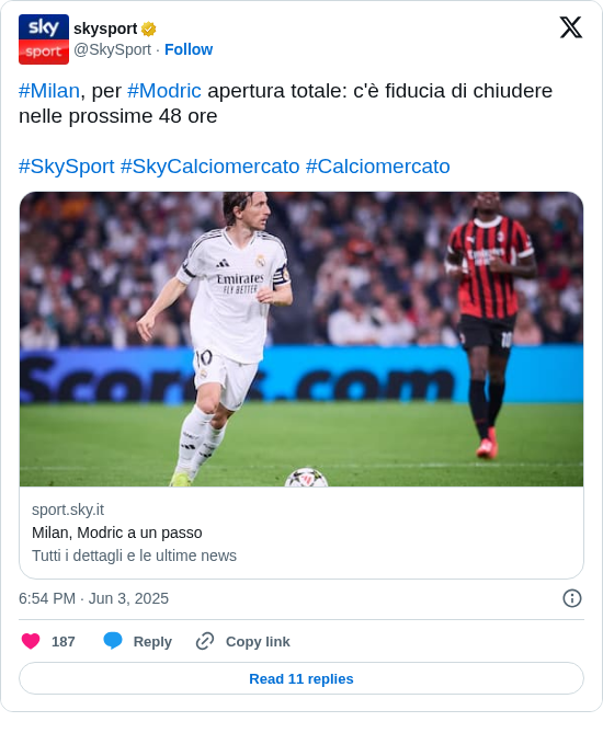 skysport: #Milan, per #Modric apertura totale: c'è fiducia di chiudere nelle prossime 48 ore

#SkySport #SkyCalciomercato #Calciomercato

https://t.co/xK6Ig6fugu