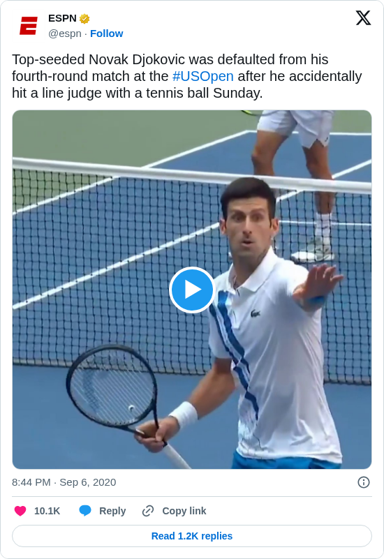 ESPN: Top-seeded Novak Djokovic was defaulted from his fourth-round match at the #USOpen after he accidentally hit a line judge with a tennis ball Sunday. https://t.co/TTstxZB2Jw