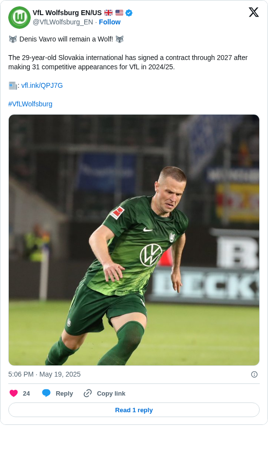 VfL Wolfsburg EN/US 🇬🇧 🇺🇸: 🐺 Denis Vavro will remain a Wolf! 🐺 

The 29-year-old Slovakia international has signed a contract through 2027 after making 31 competitive appearances for VfL in 2024/25. 

📰: https://t.co/IwfDfMQyfU

#VfLWolfsburg https://t.co/rui1863Ov8