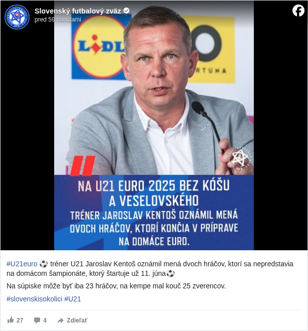 Slovenský futbalový zväz: #U21euro </hashtag/u21euro?__eep__=6&fref=mentions&ref=embed_post> ⚽ tréner U21 Jaroslav Kentoš oznámil mená dvoch hráčov, ktorí sa nepredstavia na domácom šampionáte, ktorý štartuje už 11. júna⚽

 Na súpiske môže byť iba 23 hráčov, na kempe mal kouč 25 zverencov.

 #slovenskisokolici </hashtag/slovenskisokolici?__eep__=6&fref=mentions&ref=embed_post> #U21 </hashtag/u21?__eep__=6&fref=mentions&ref=embed_post>

