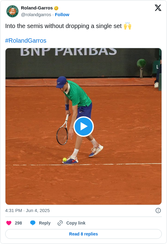 Roland-Garros: Into the semis without dropping a single set 🙌

#RolandGarros https://t.co/DdggMS4csQ
