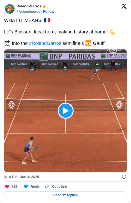 Roland-Garros: WHAT IT MEANS! 🇫🇷

Loïs Boisson, local hero, making history at home! 💪

🔜 Into the #RolandGarros semifinals 🆚 Gauff! https://t.co/ZC7LWNh0gF